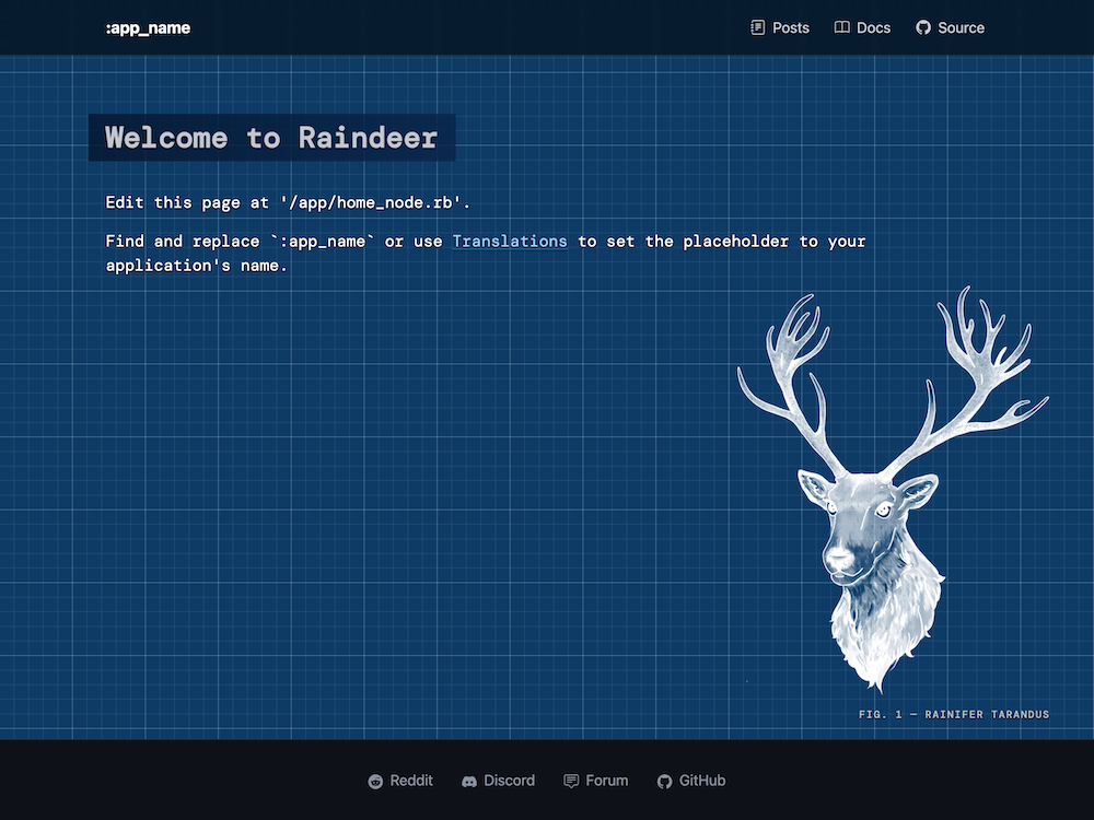 The Raindeer welcome page, with a blueprint background and an illustrated deer